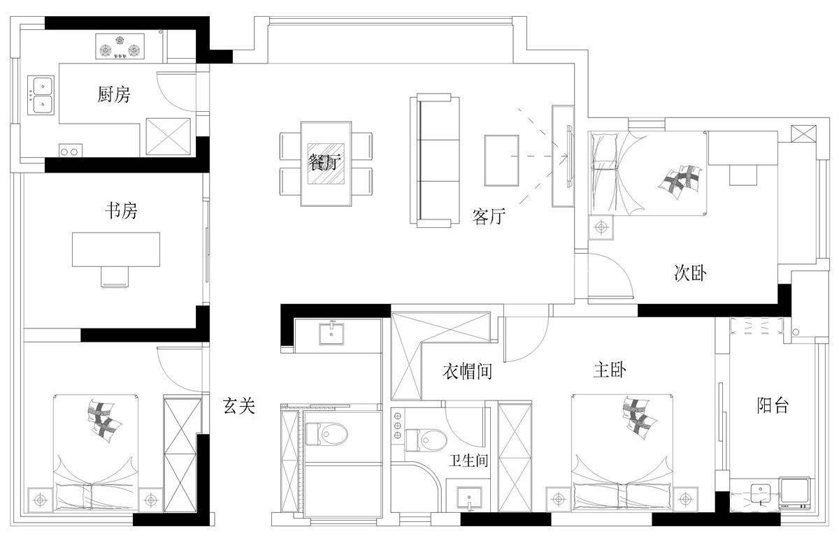 130㎡轻奢风格户型图装修案例